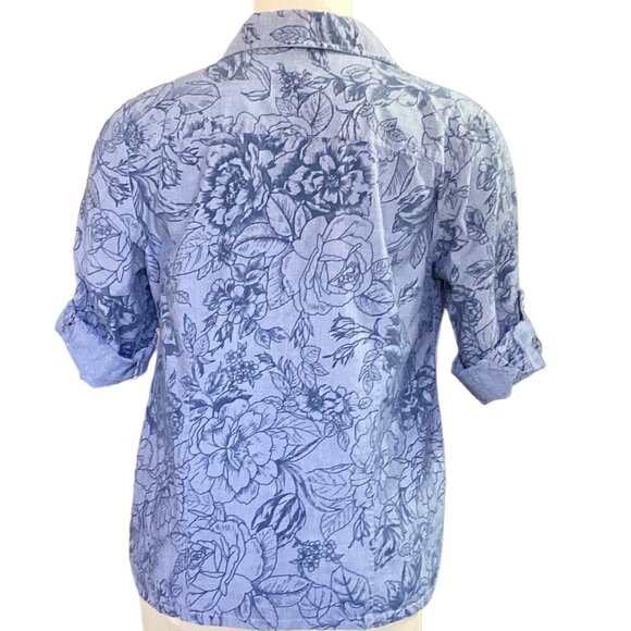 Karen Scott Button-Up Roll Tab Top 100% Cotton Floral Sz S Blue 142C - Picture 4 of 8